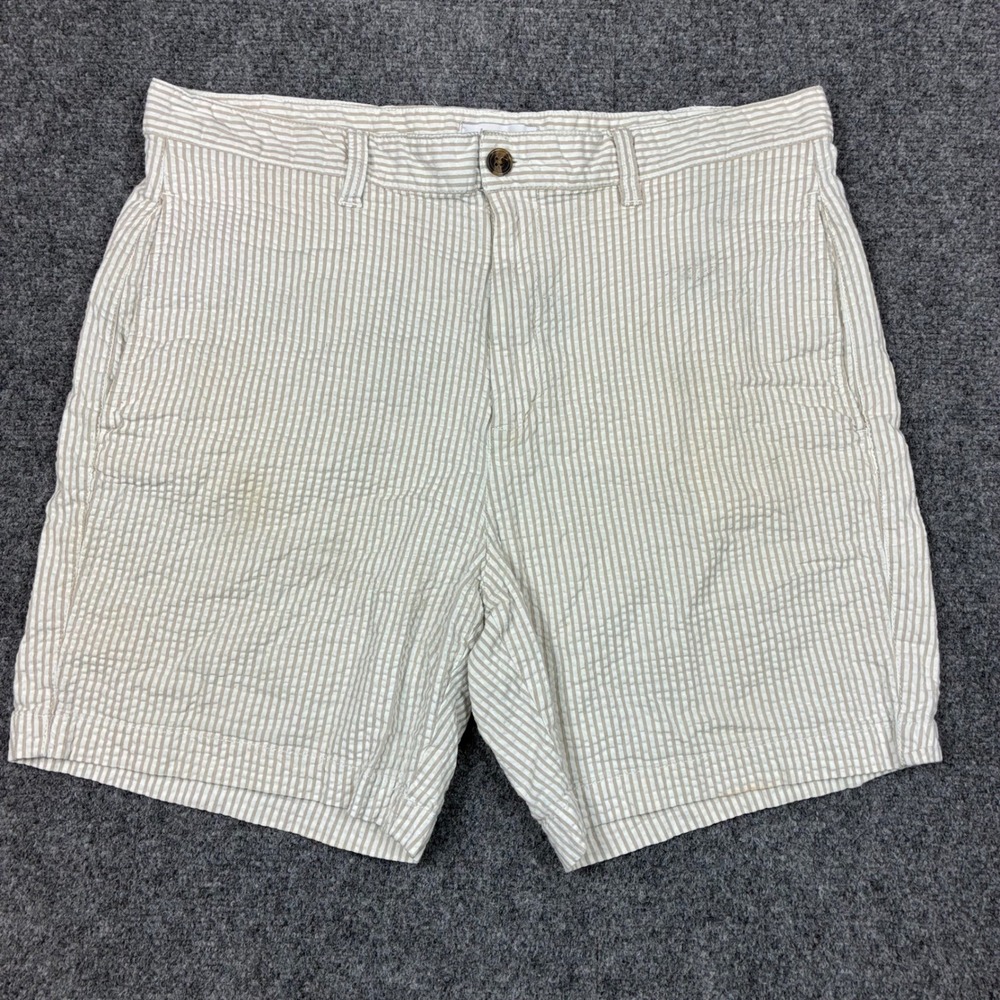 Saddlebred Mens Size W36 Seersucker Shorts Tan White Striped Flat Front